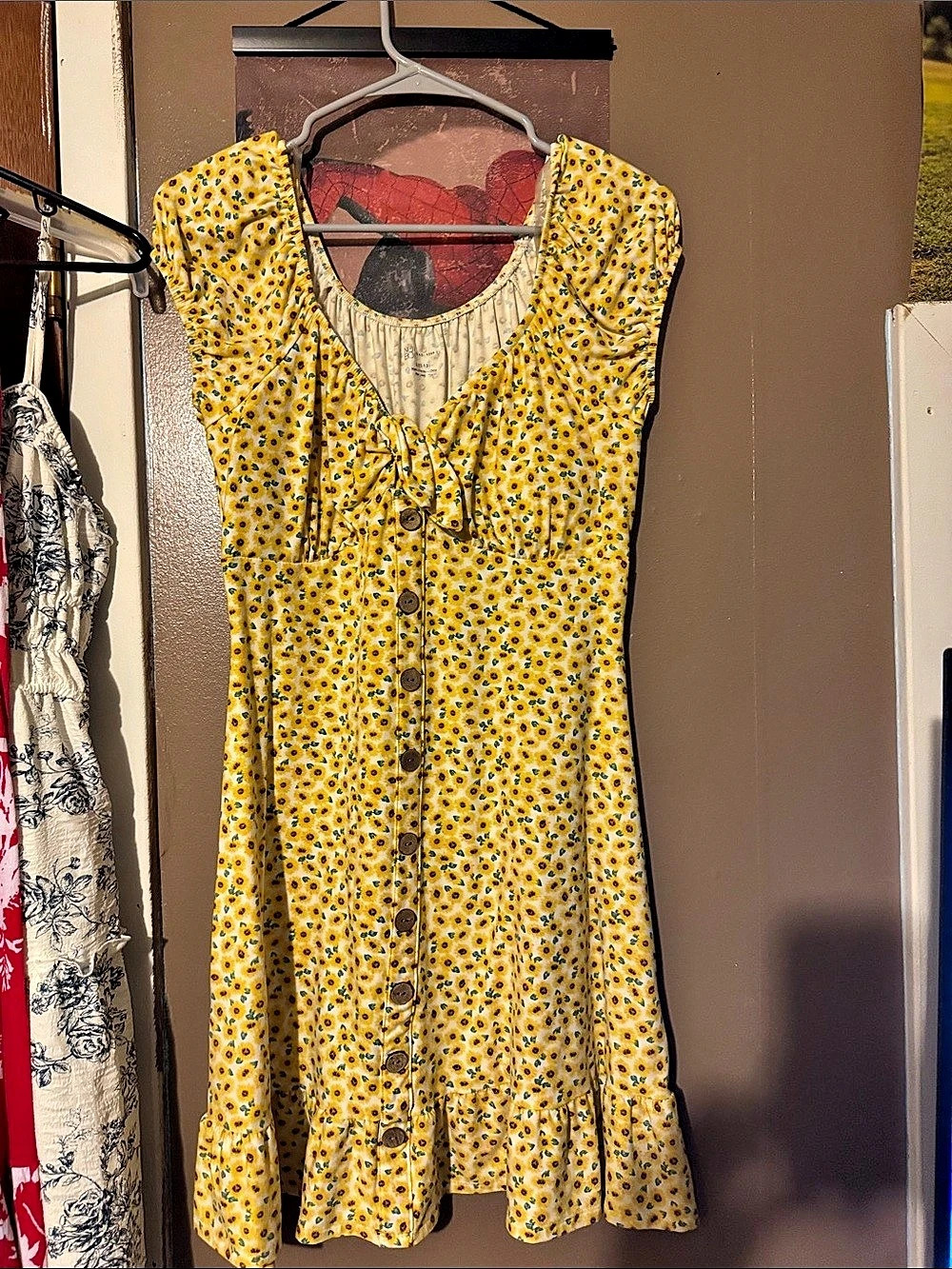No Boundaries Sunflower Print Button Mini Dress Yellow & Black Large